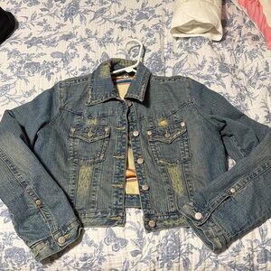 aerie Blue Distressed Cropped Denim Jacket